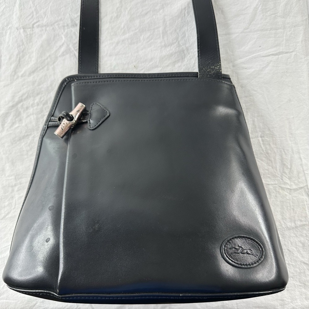 Vintage Longchamp Bag Black Leather Crossbody‎ Purse Bamboo Toggle Roseau *look*